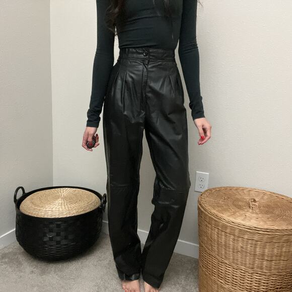 80s 90s vintage black leather high waisted rise minimalist straight leg pants - Picture 4 of 9